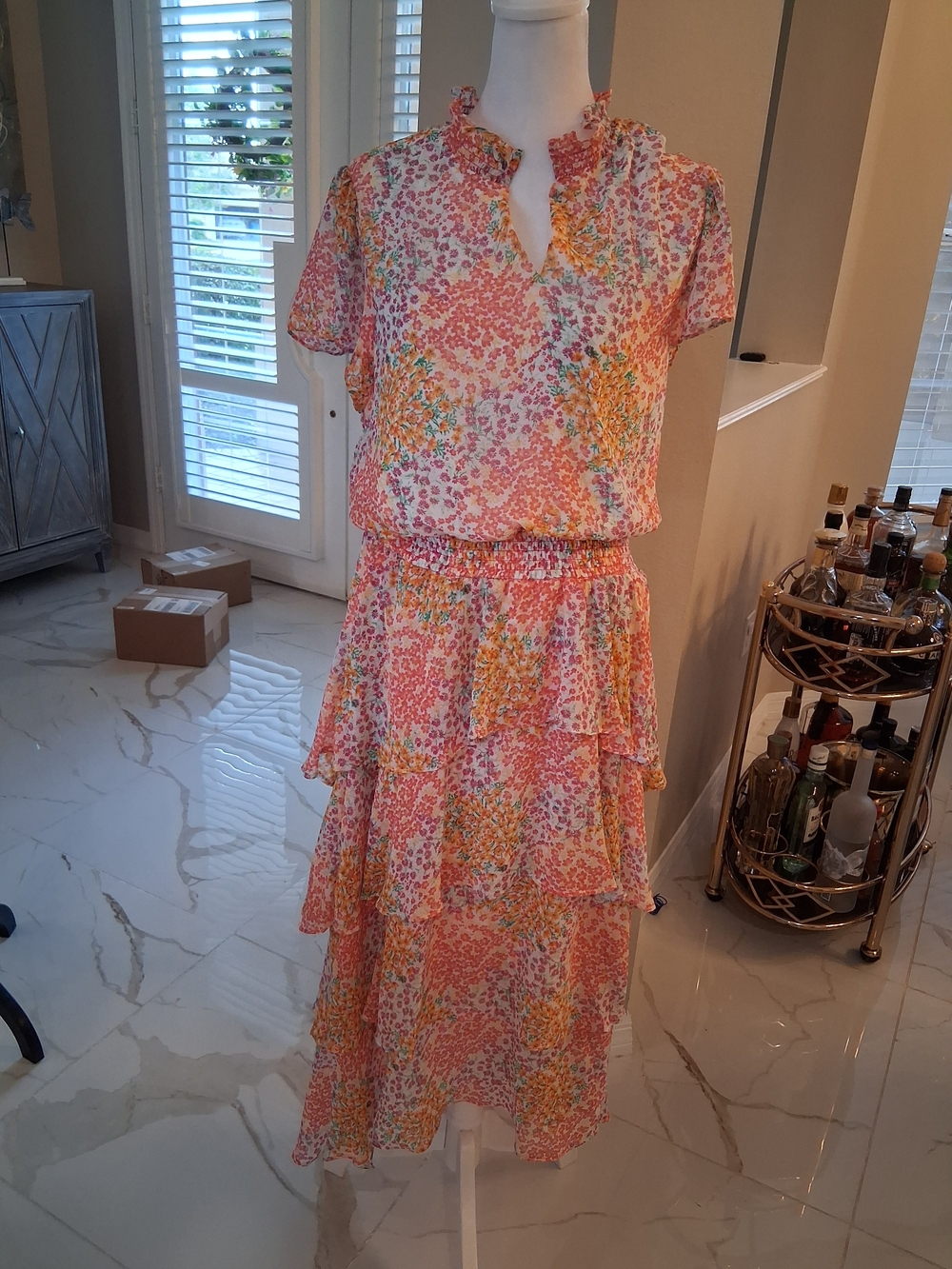 Floral Tiered Midi Dress in Pink and Coral